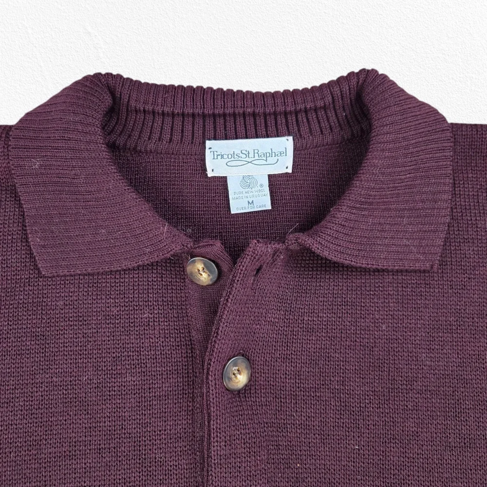 80s Vintage Tricots St. Raphael Burgundy Polo Elbow Patch Sweater Size Medium